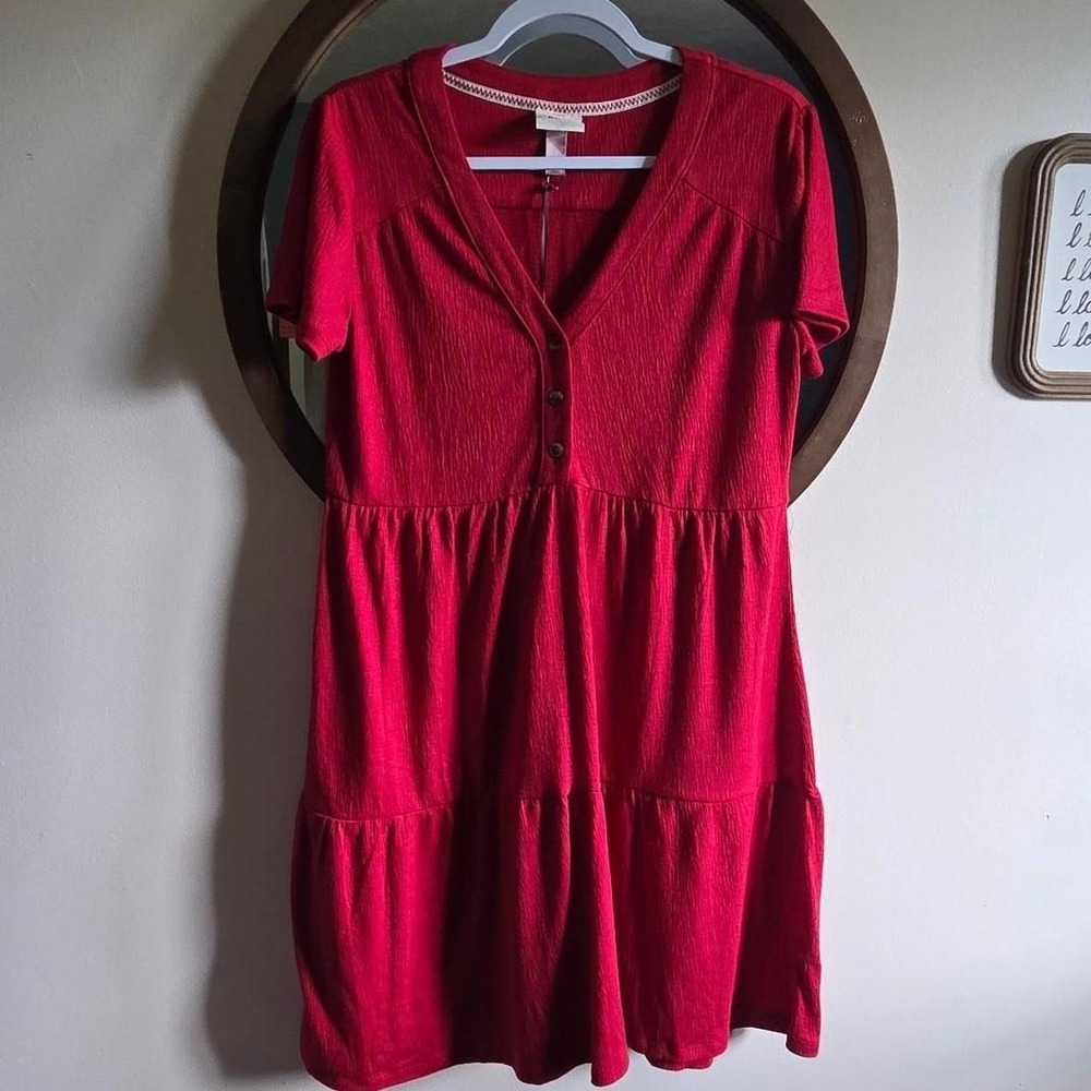 Knox Rose Red Tiered Mini-dress V-neckline Button Front Size M